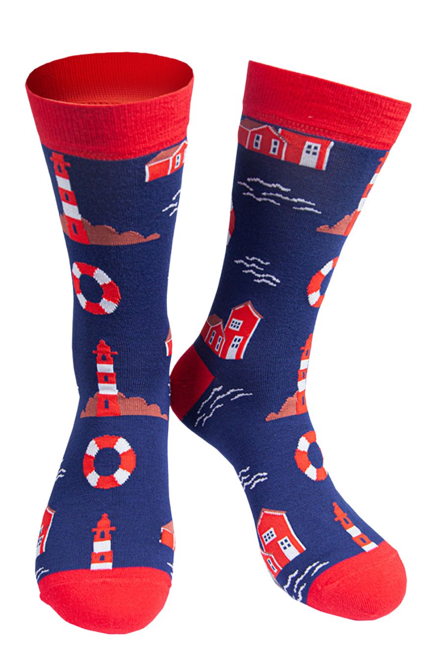 blue and red dress socks with a pattern of lighthouses and buoys