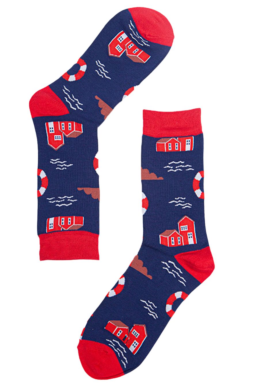 nautical themed dress socks featuring buoys and lighthouse patterns