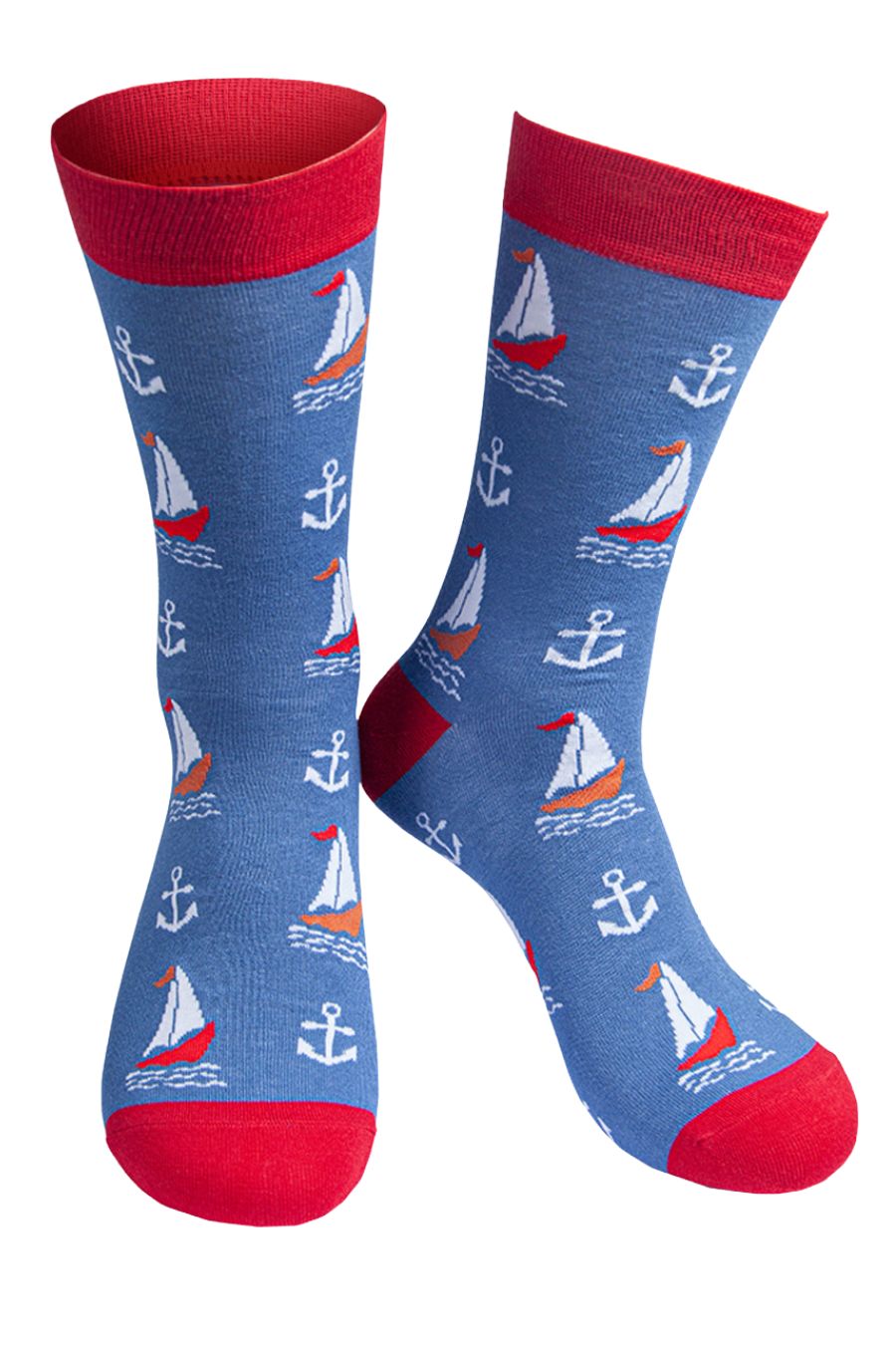 Mens blue bamboo socks with red toes and cuffs. Featuring sailing boat and anchors