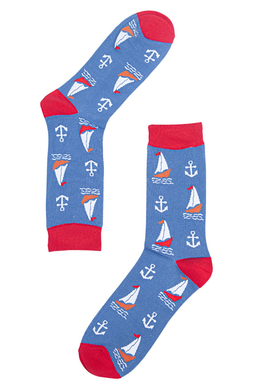 Mens blue and red bamboo socks lying flat. They are patterned with sail boats and anchors. 