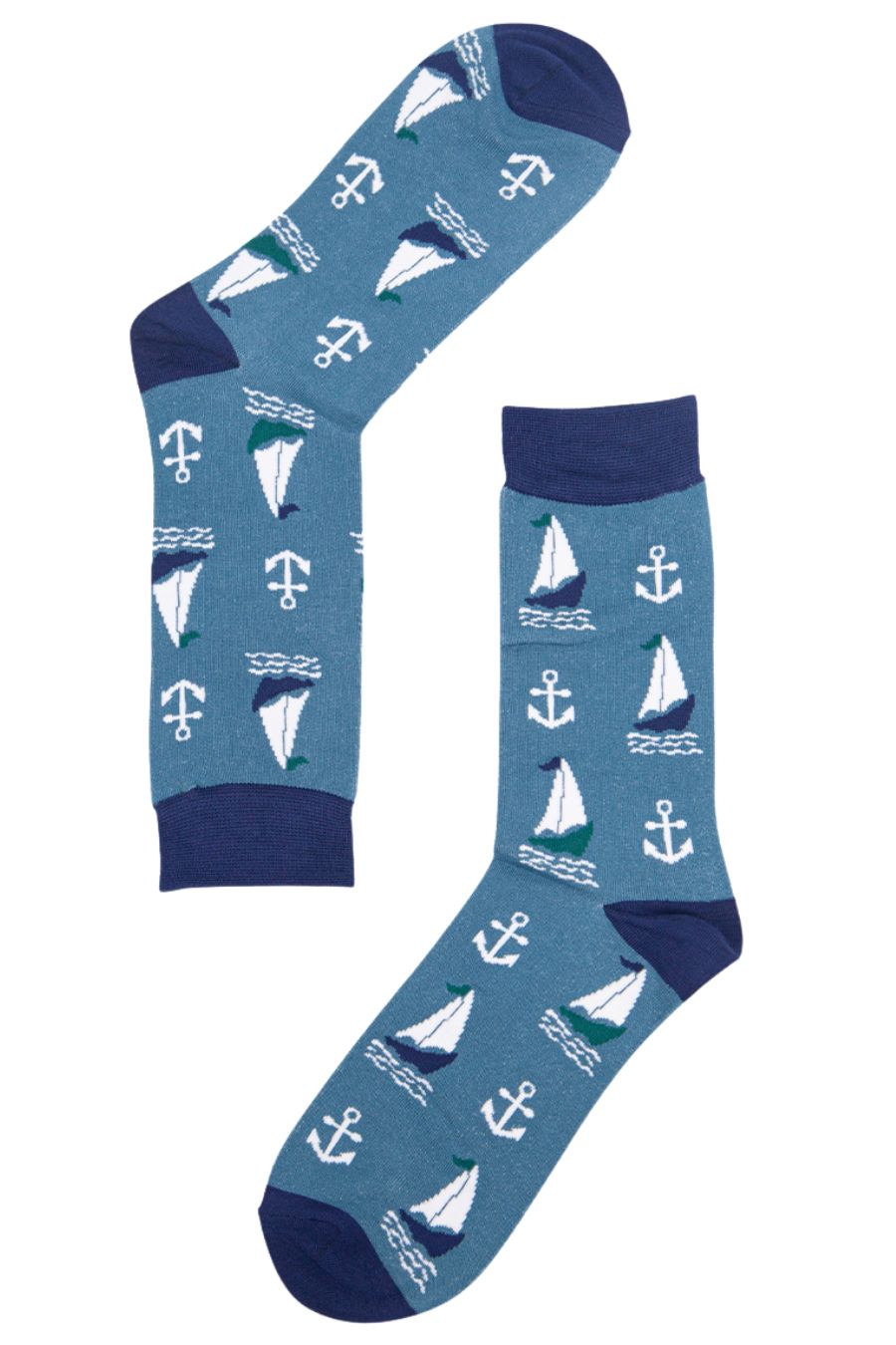 Blue bamboo socks lying flat, they have an all over pattern of white sail boats and anchors.