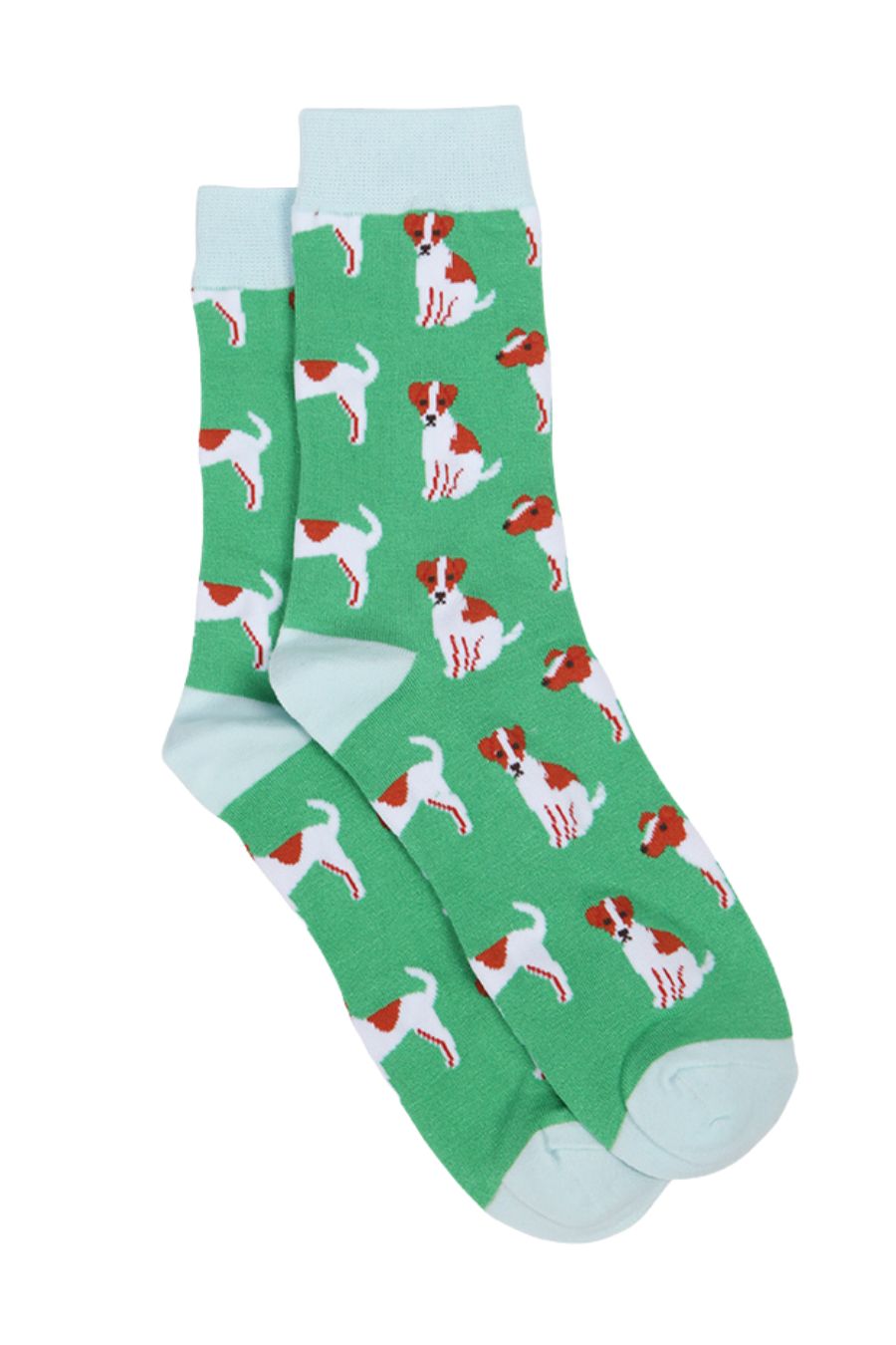 green, blue dress socks with jack russell dogs all over