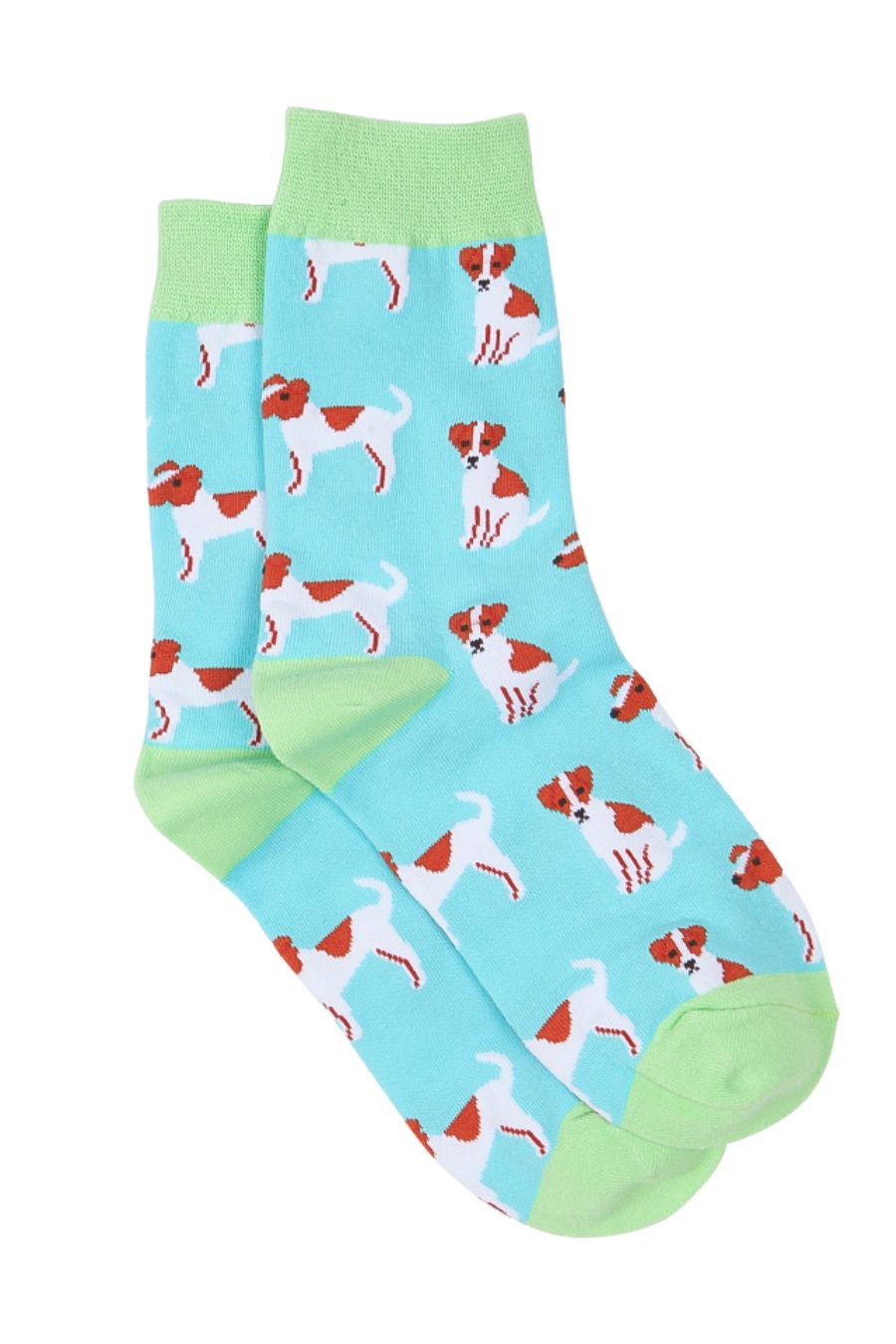 blue and green dress socks with jack russell dogs all over