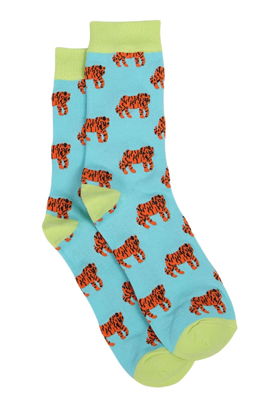 turquoise and green dress socks with tigers all over
