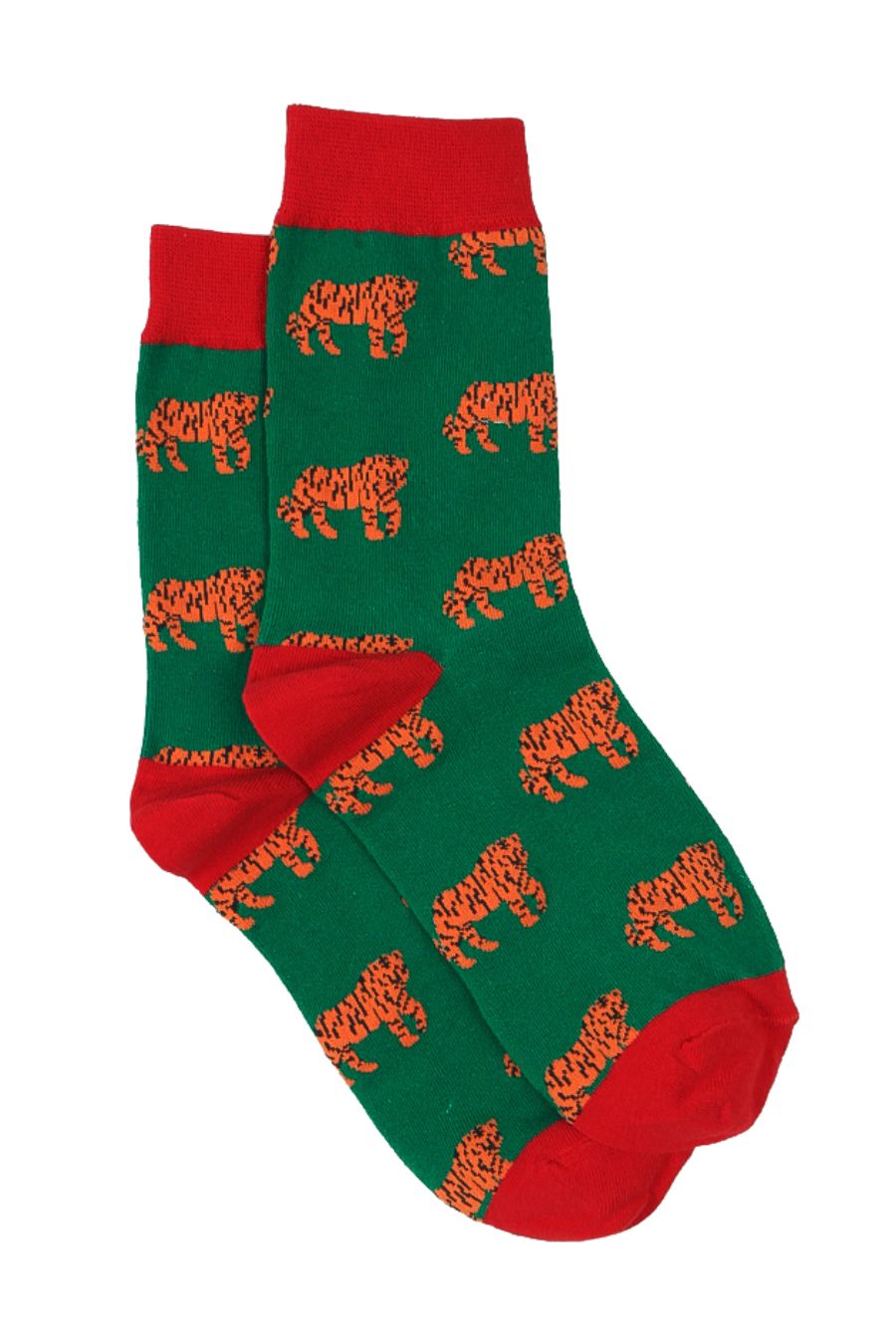 green and red dress socks with orange tigers all over