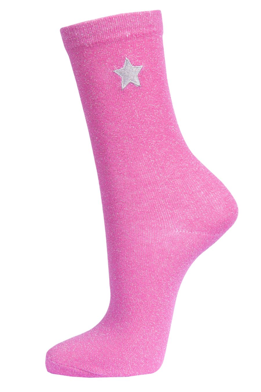 fuchsia pink and silver glitter socks with an embroidered star on the ankle