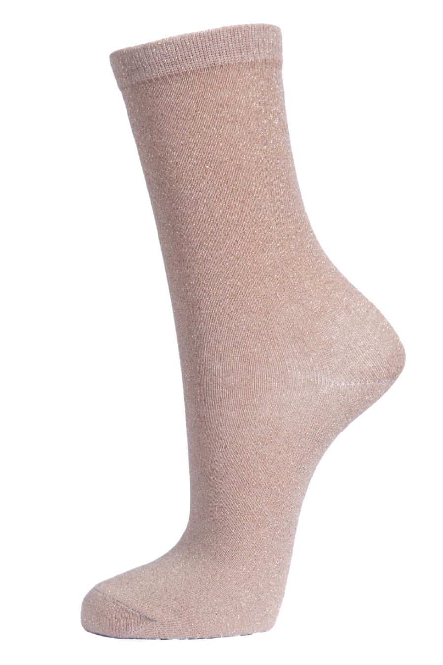 beige ankle socks with an all over gold shimmer effect