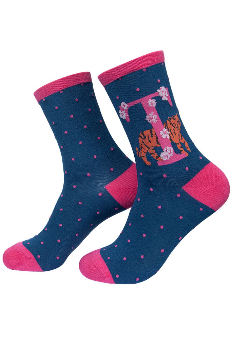 blue, pink ankle socks with a letter T and a tiger