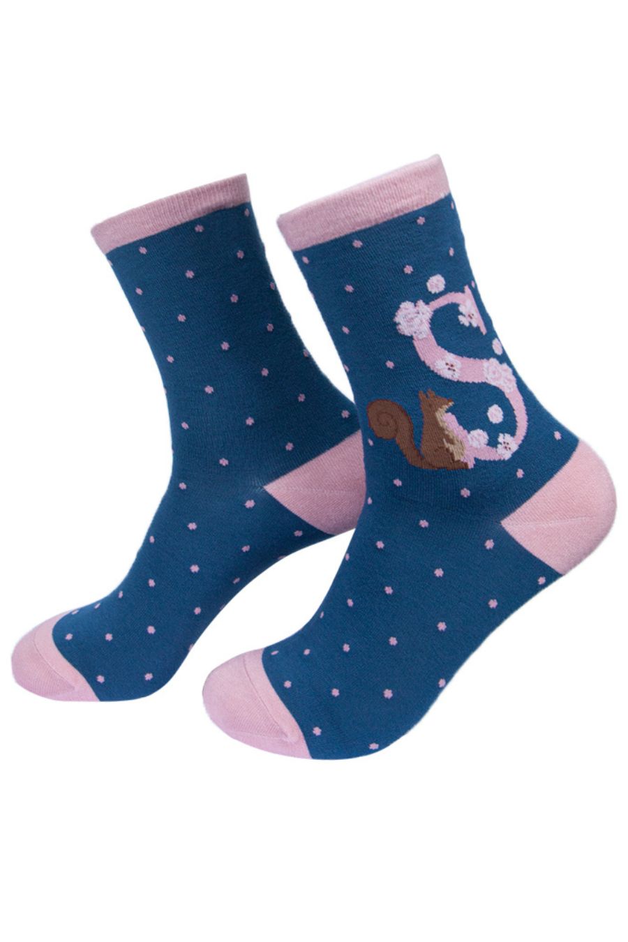 blue, pink ankle socks with the letter S and a squirrel