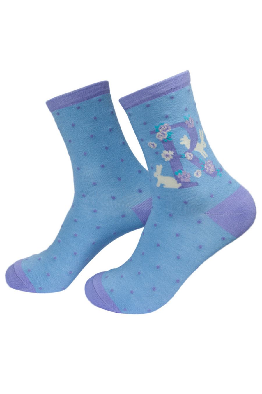 blue, lilac ankle socks with a letter R and rabbits