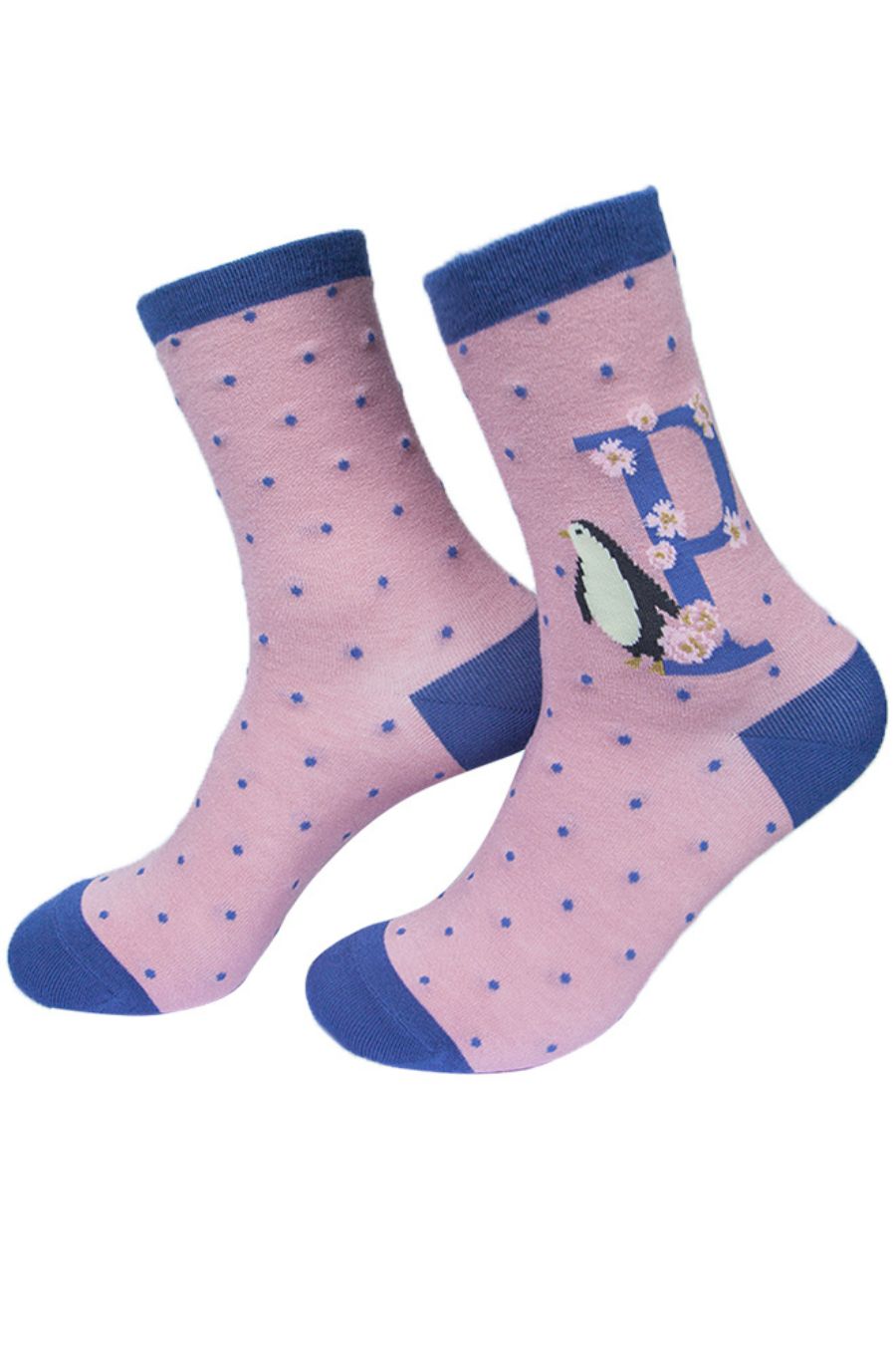pink, blue ankle socks with the letter P and a penguin