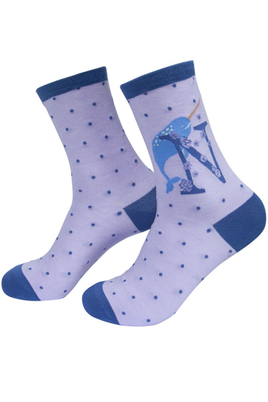 lilac, blue ankle socks with a letter N and a narwhal