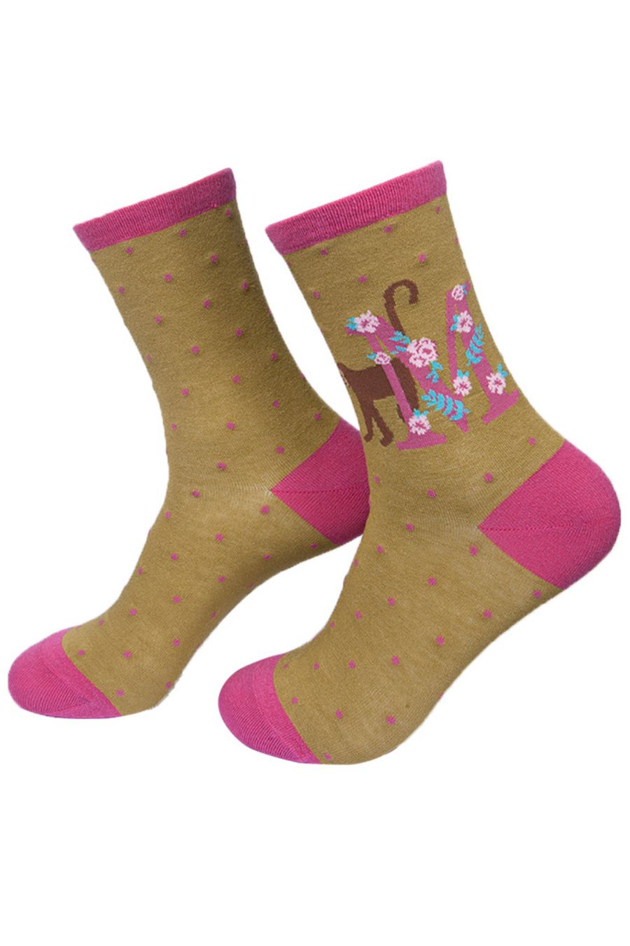 mustard yellow, pink ankle socks with a letter M and a monkey