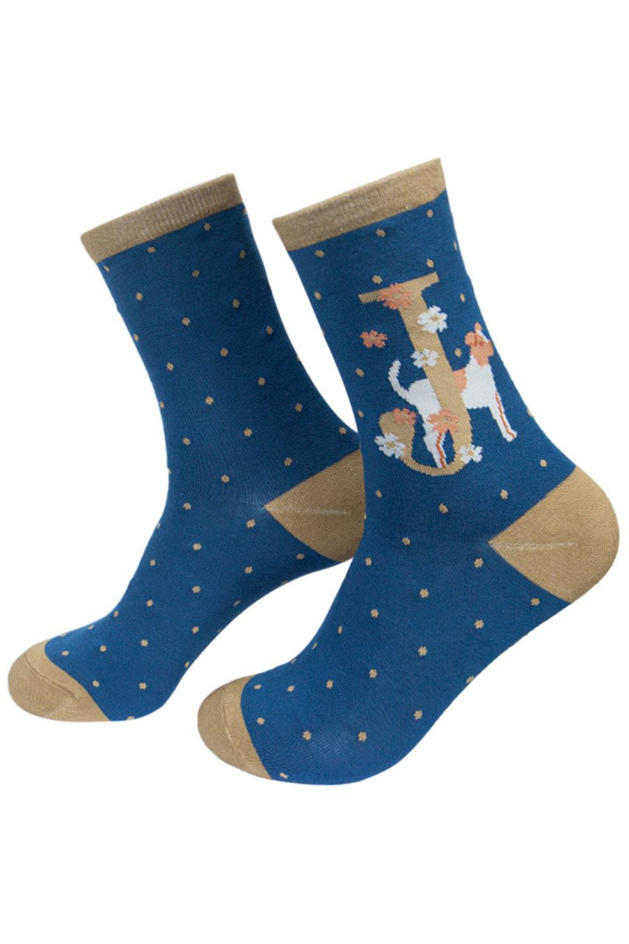 blue, mustard yellow bamboo socks with a letter J and a jack russell dog