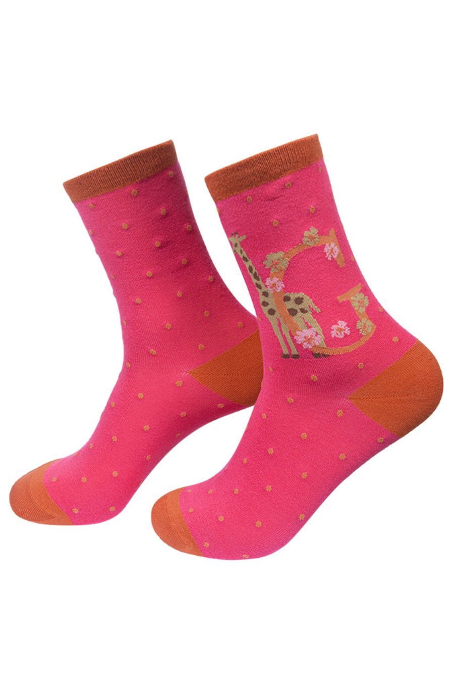 pink, orange ankle socks with the letter G and a giraffe
