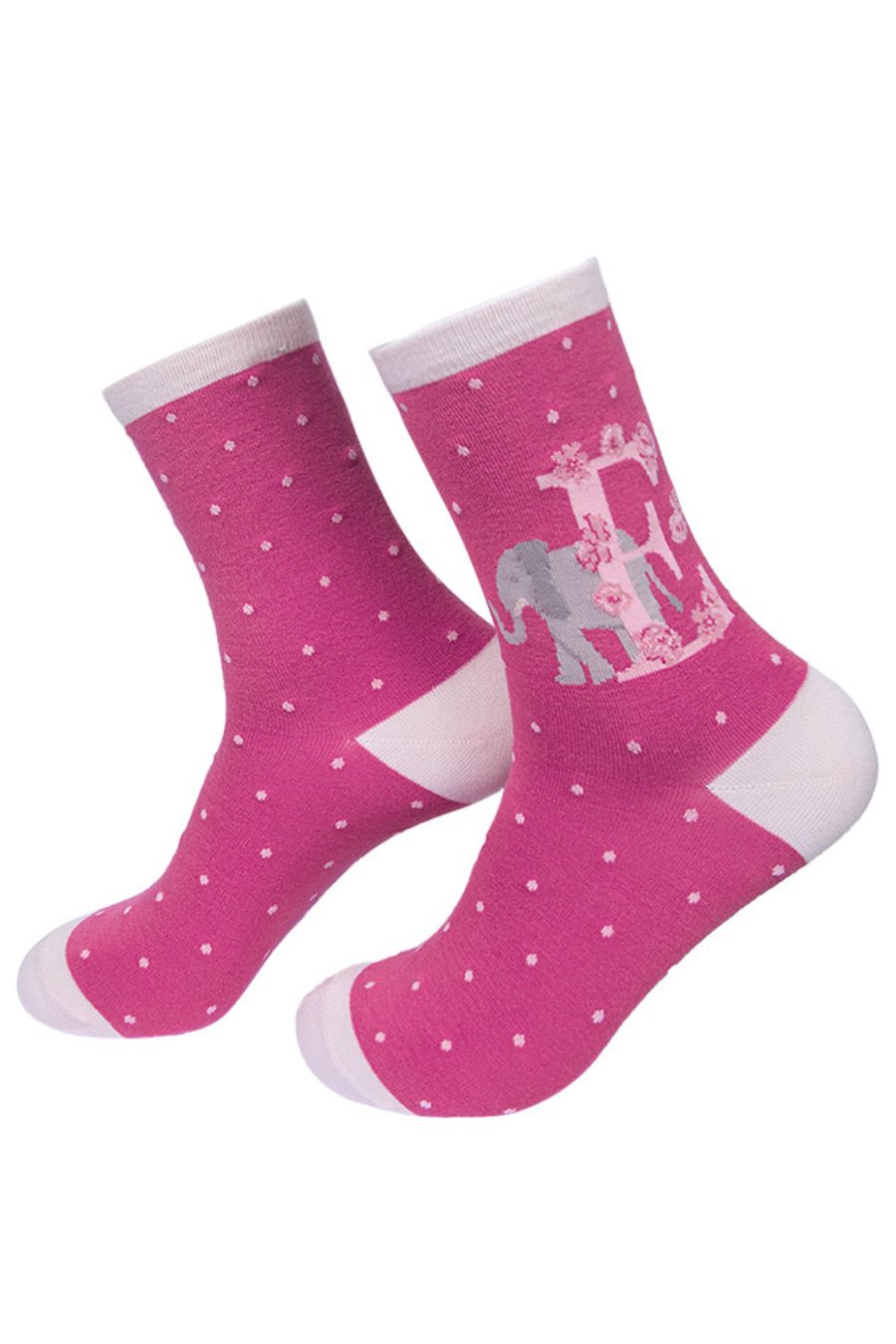 pink ankle socks with a letter E and and elephant