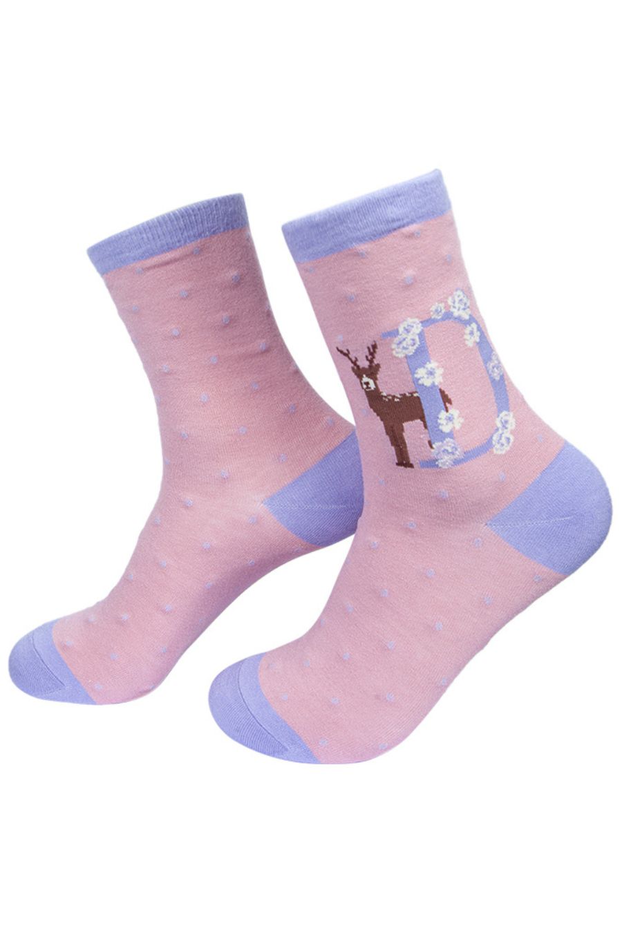 pink, lilac bamboo socks with a letter D and a deer