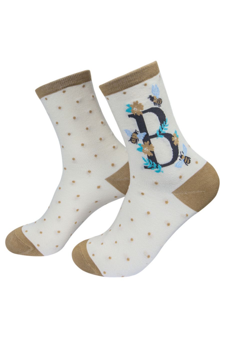 cream and gold ankle socks with a letter B and bumblebees