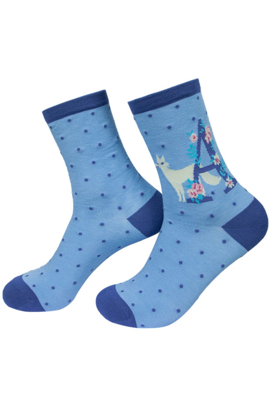 blue ankle socks with a letter A and an alpaca