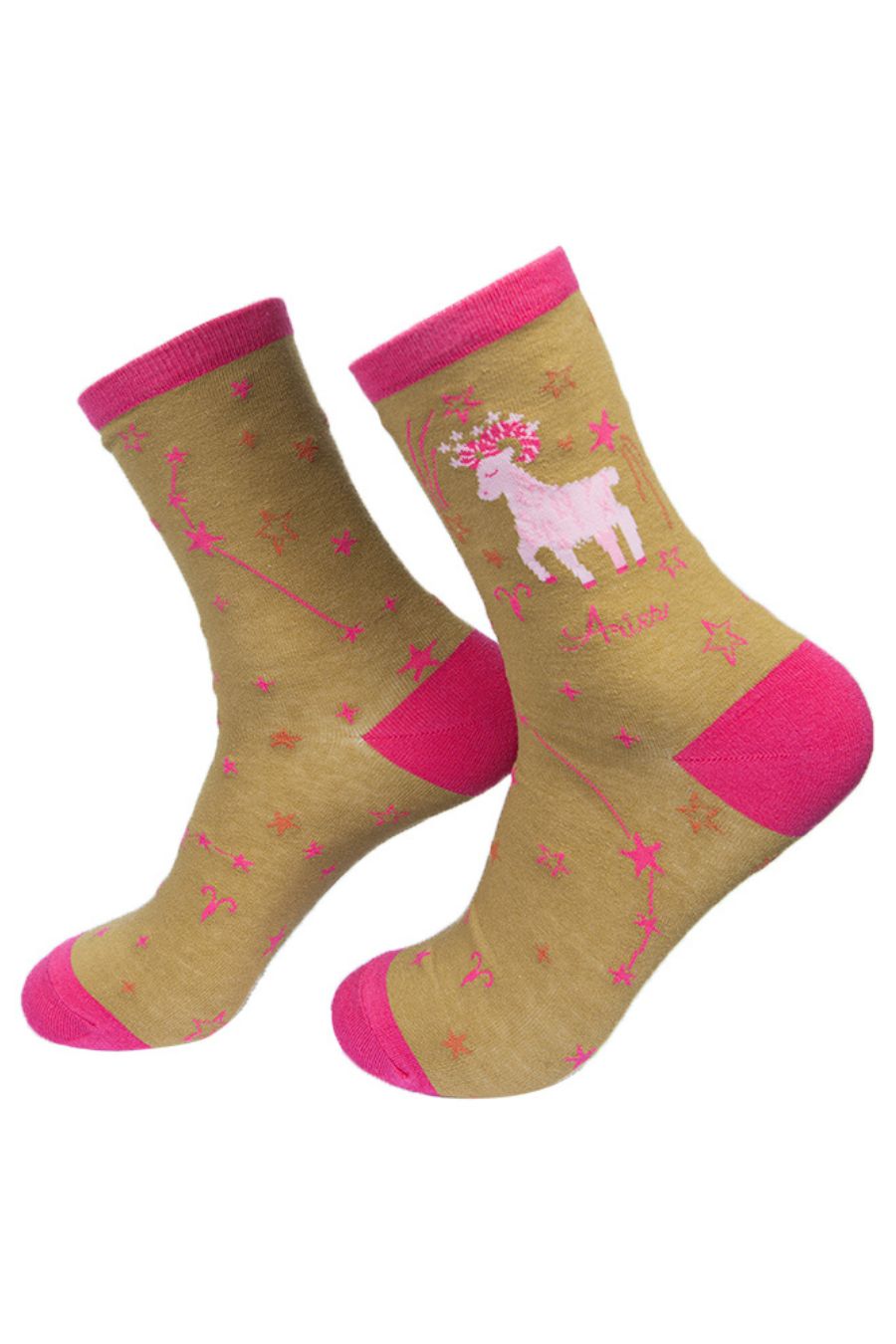 mustard yellow, pink bamboo socks depicting the zodiac sign and celectial constellation of aries
