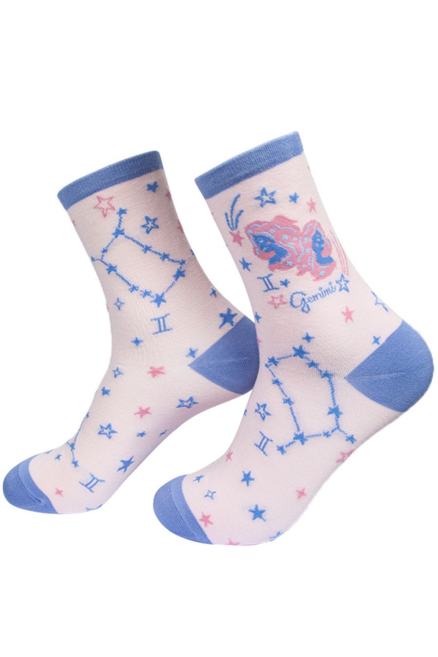pink, lilac bamboo socks showing the star sign gemini and it's celestial constellation pattern