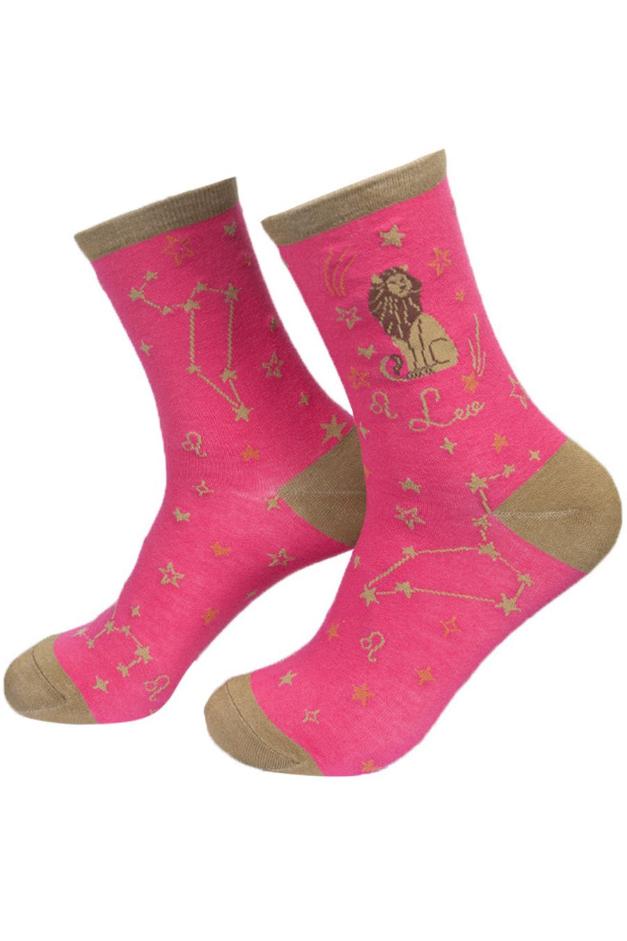 pink, mustard ankle socks with showing the star sign and constellation of Leo