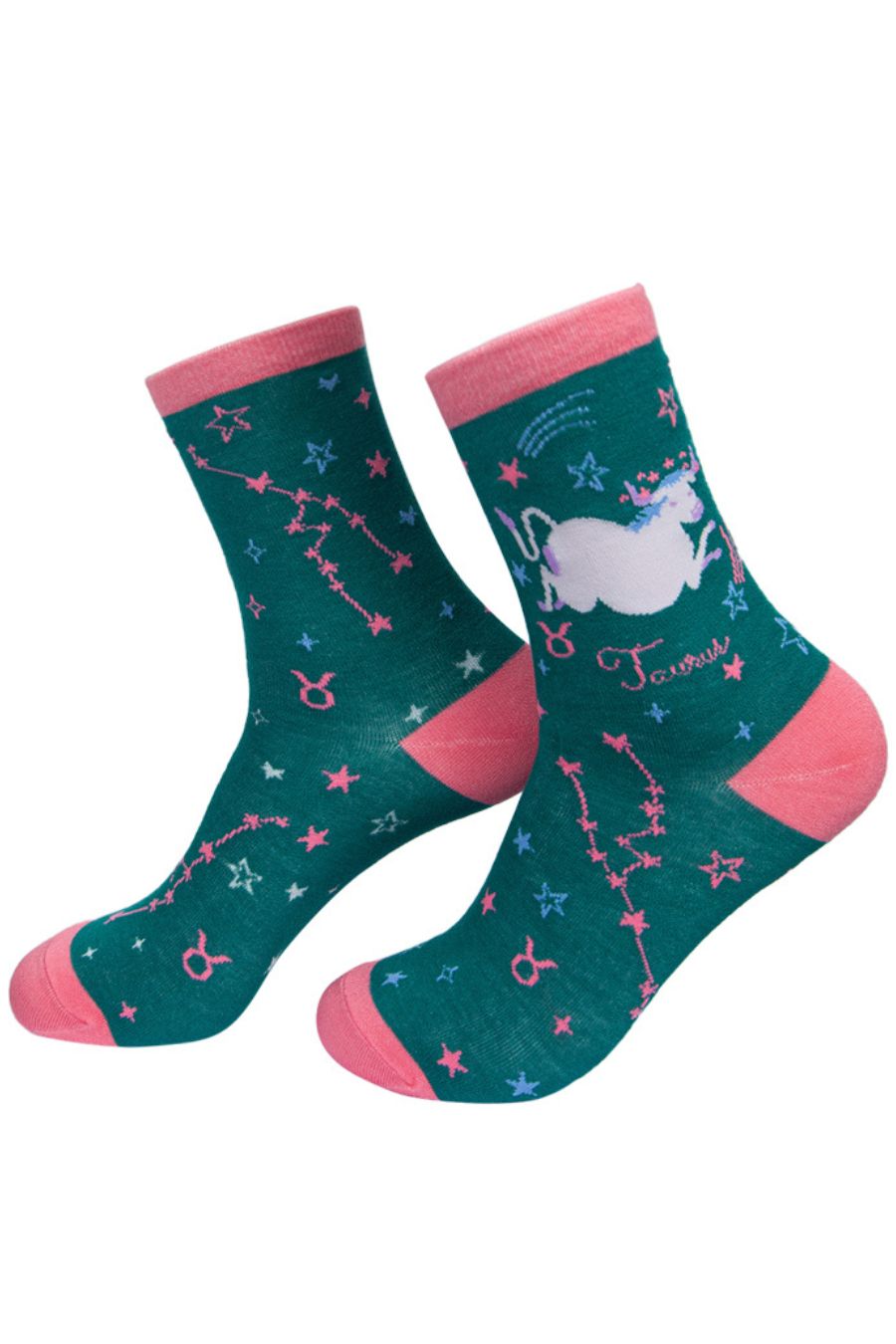 green, pink ankle socks with the star sign and constellation of taurus