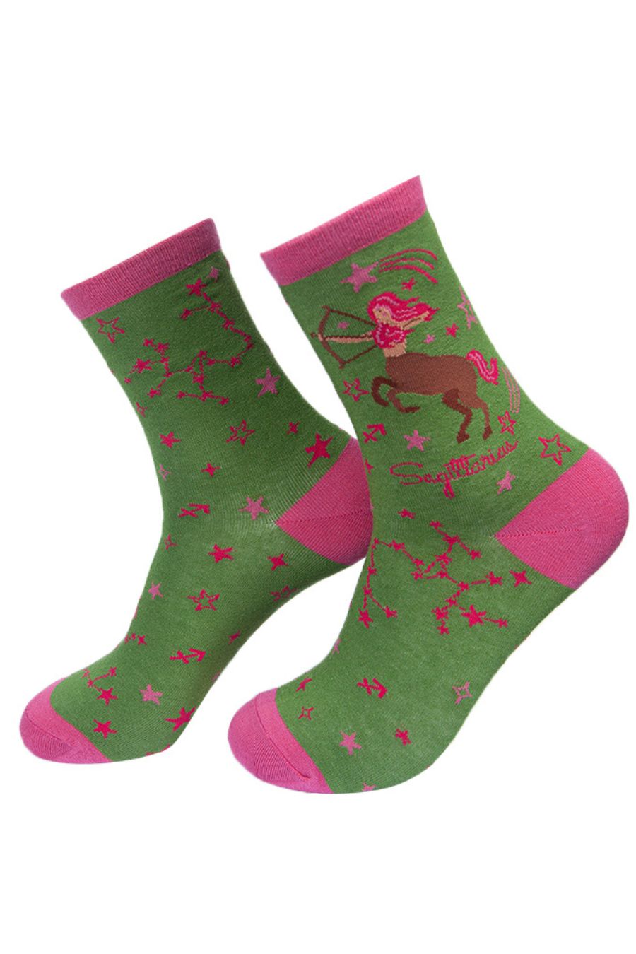 green, pink bamboo socks with the star sign and constellation of sagittarius