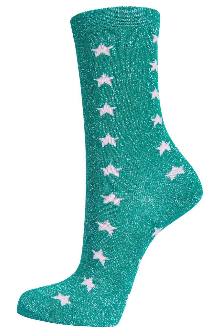 green ankle socks with a light pink all over star print and silver glitter shimmer