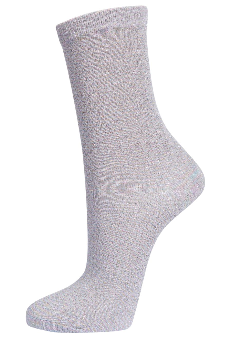 grey ankle socks with an all over multicoloured rainbow glitter shimmer