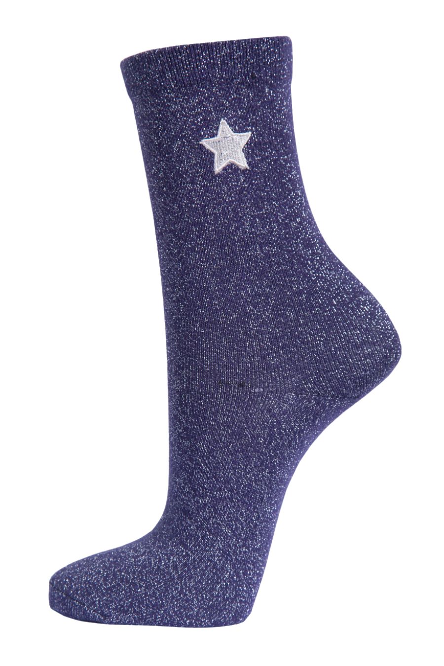 navy blue and silver glitter socks with an embroidered star on the ankle