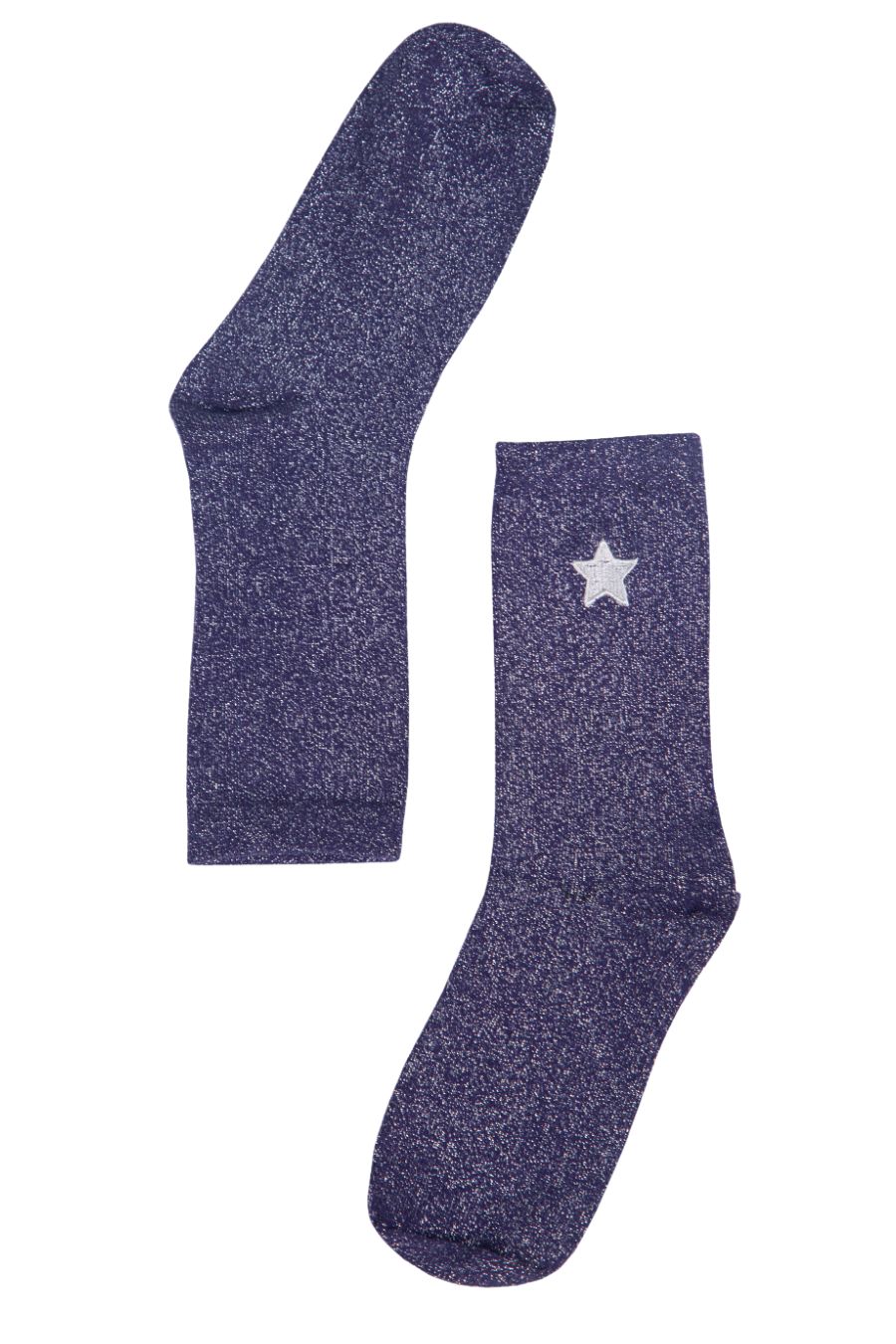 navy blue, silver glitter socks with silver embroidered star
