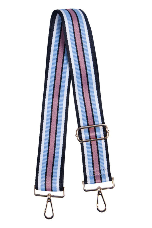 light blue, pink and black striped crossbody bag strap, adjustable, with gold hardware