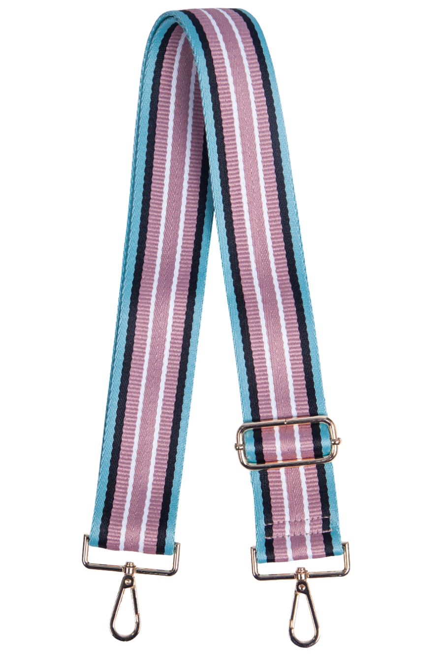 pink, white, blue and black striped crossbody bag strap, clip on, with gold hardware