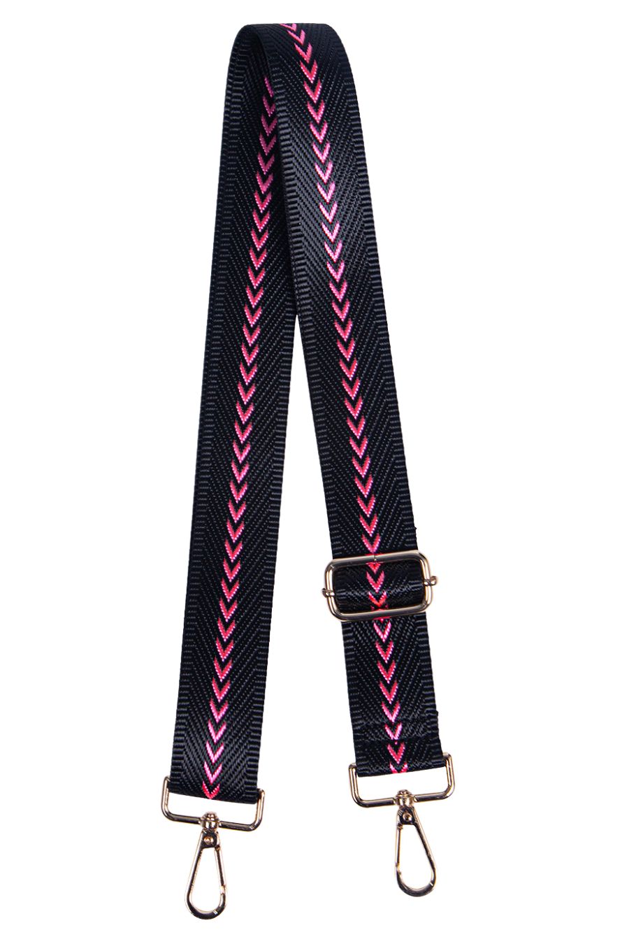 black crossbody bag strap with pink chevron arrow print, adjustable with gold hardware