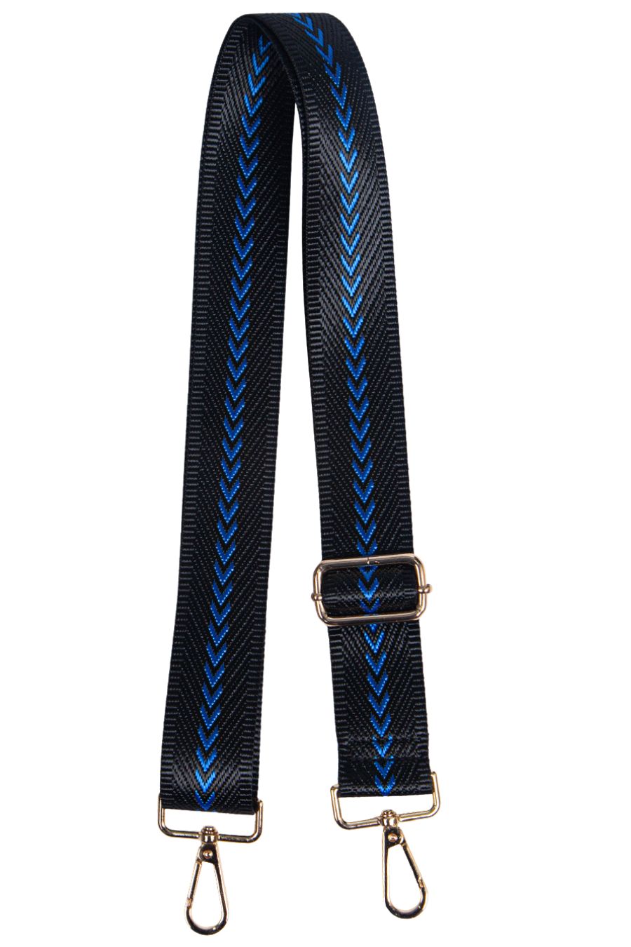 black crossbody bag strap with a blue chevron arrow print. adjustable bag strap with gold hardware