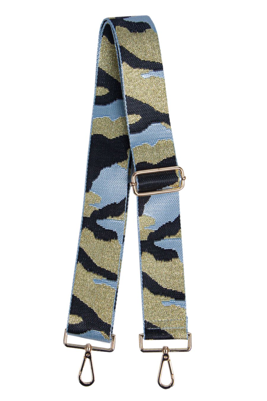 blue and gold camo print crossbody bag strap. adjustable strap with gold clip on attachments