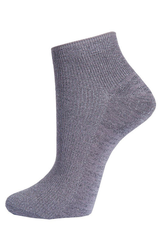 dark grey anklet trainer socks with an all over silver glitter shimmer