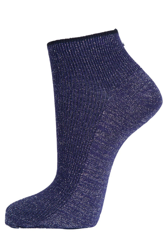 navy blue trainer anklet socks with an all over silver glitter shimmer