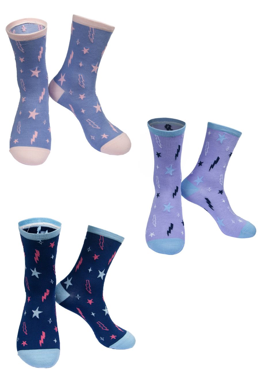 Three pairs of Womens Bamboo Socks Featuring Lightning Bolts and Stars