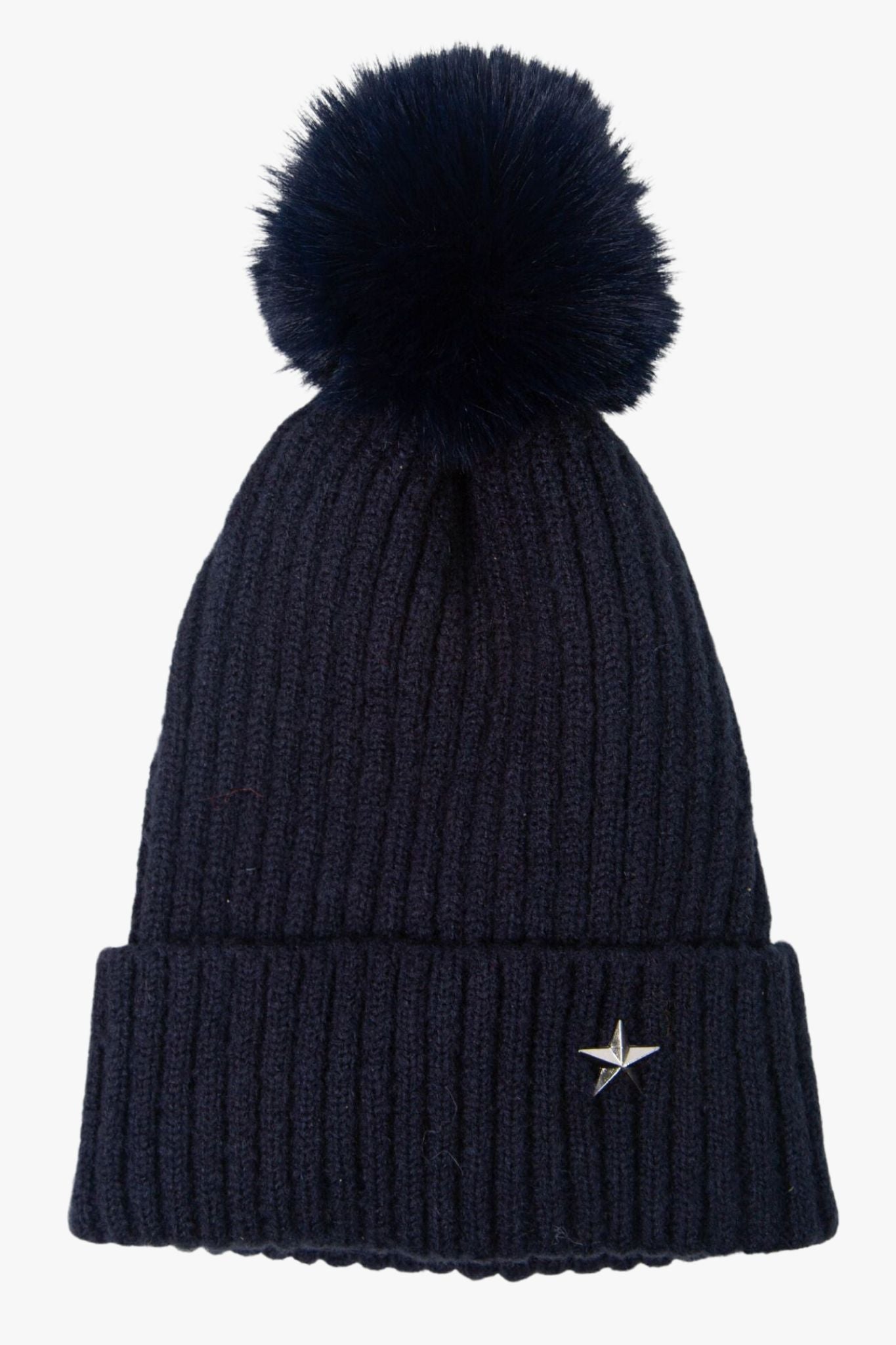 navy blue winter hat with pom pom and a silver metal star motif on the rim
