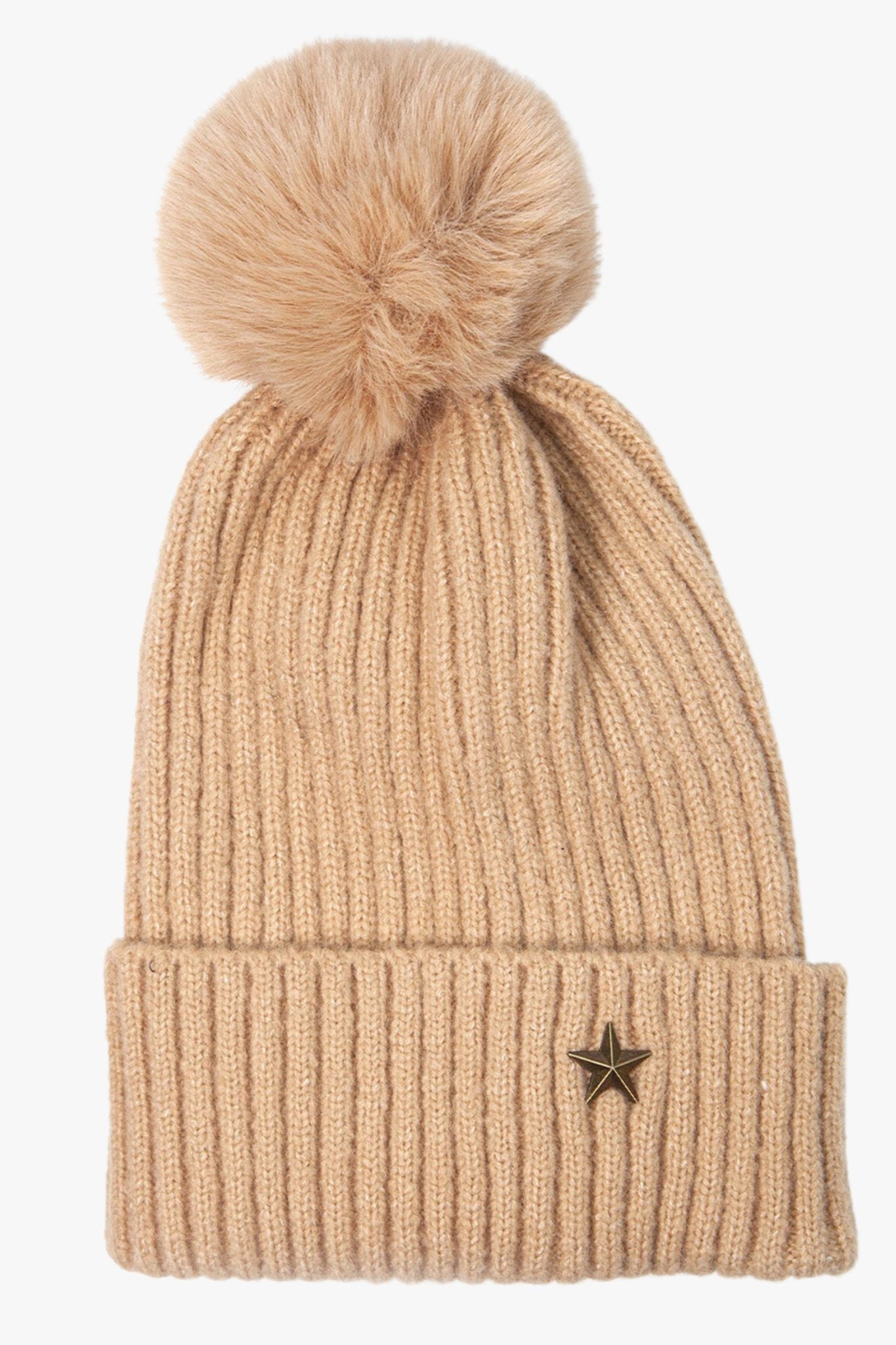 camel beige coloured winter hat with a pom pom and a gold metal star on the rim