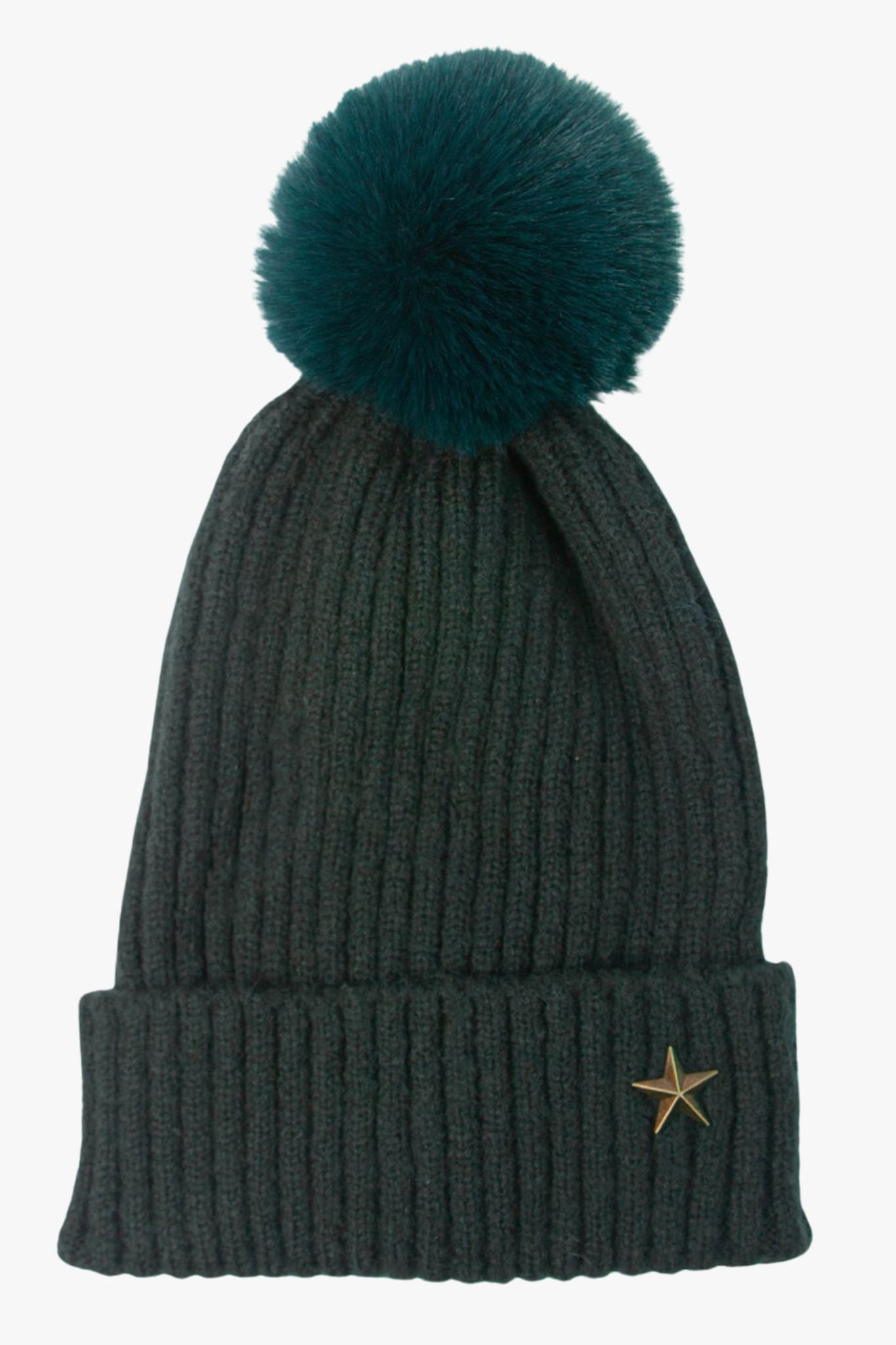 green winter pom pom hat with a metal gold star motif on the rim