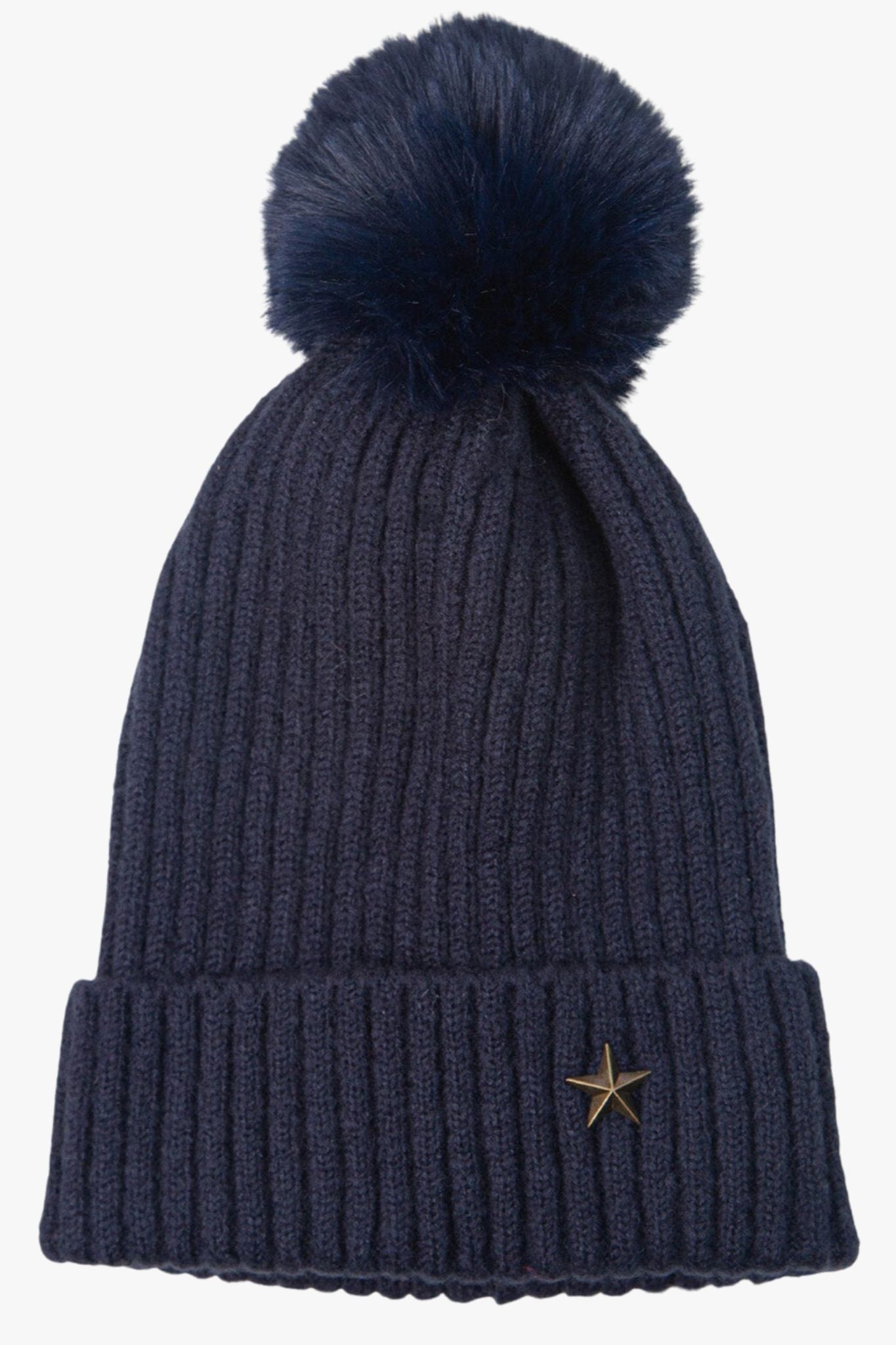 navy blue winter bobble hat with a metal gold star motif on the rim