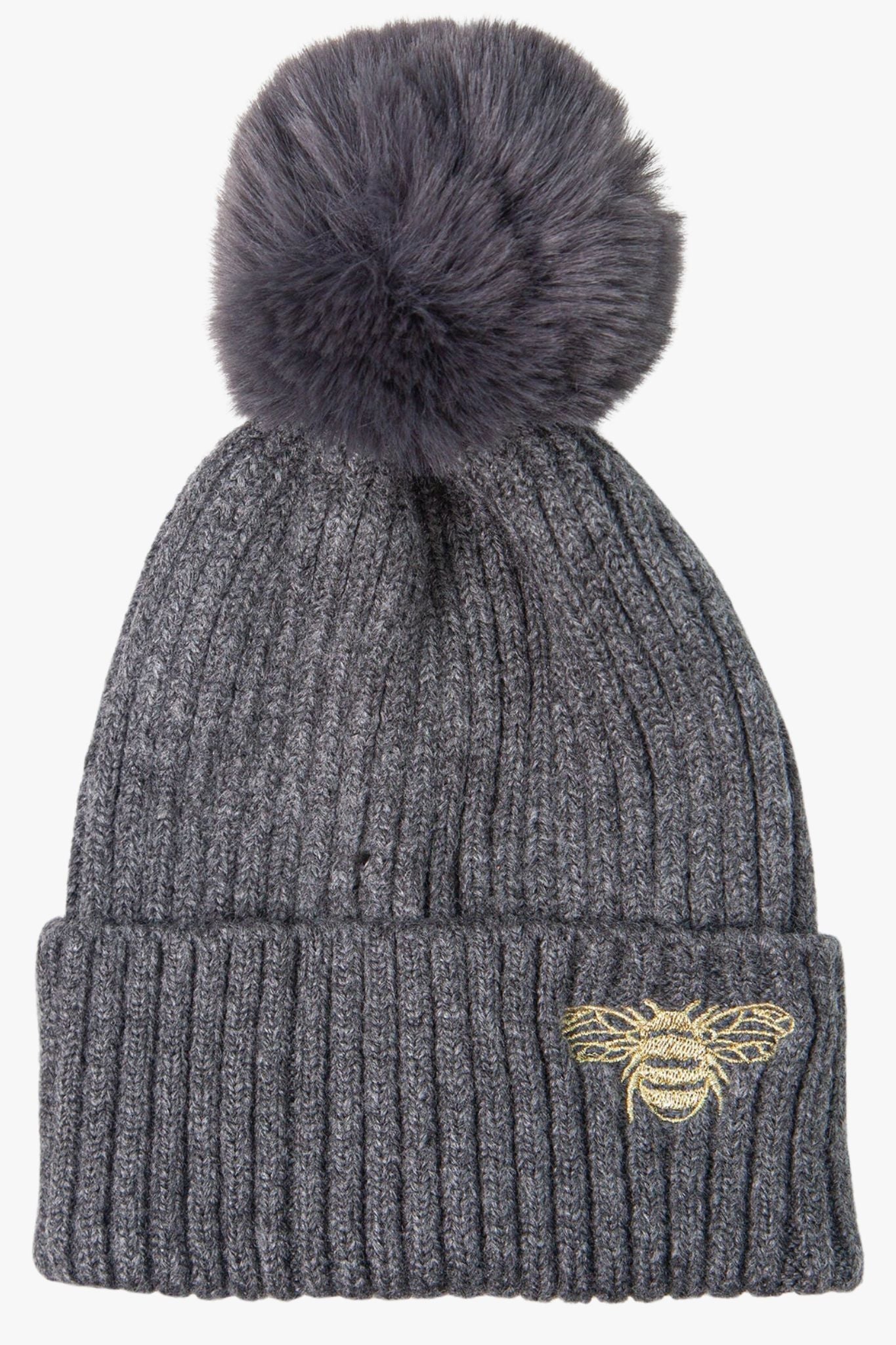 dark grey winter pom pom hat with a gold embroidered bee on the rim