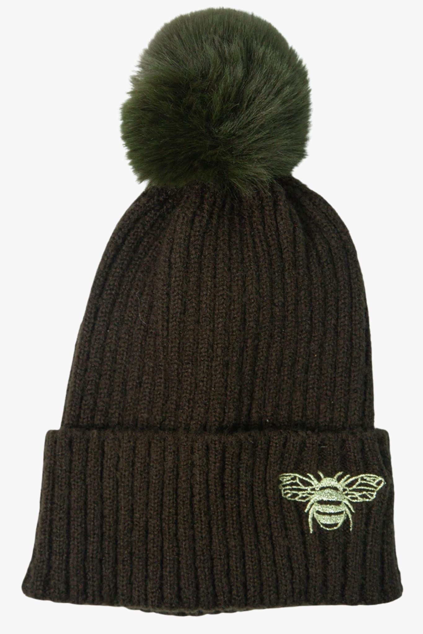 khaki green winter hat with a pom pom and an embroidered gold bumble bee on the front
