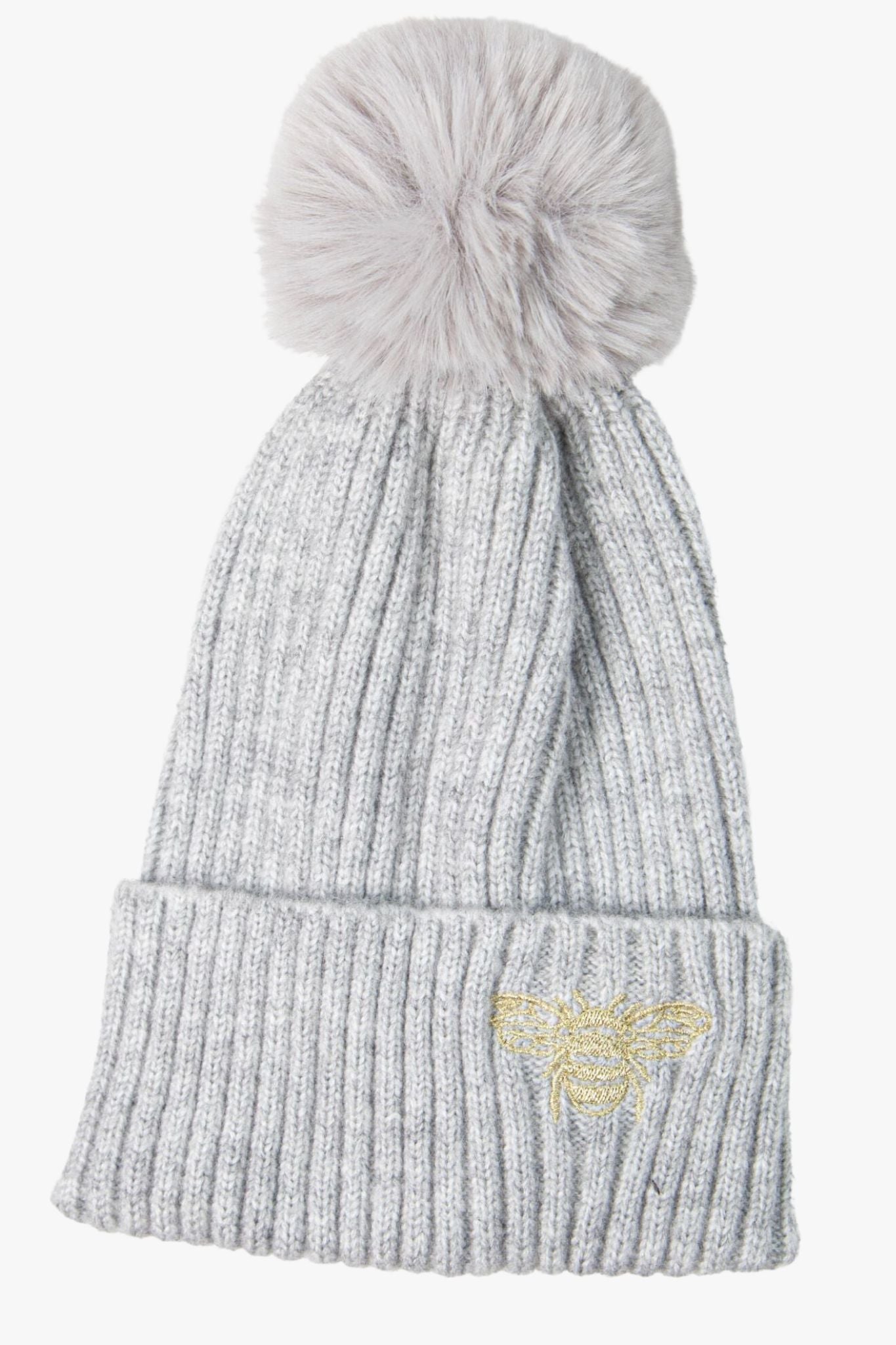 light grey winter bobble hat with a pom pom and an embroidered gold bee on the front