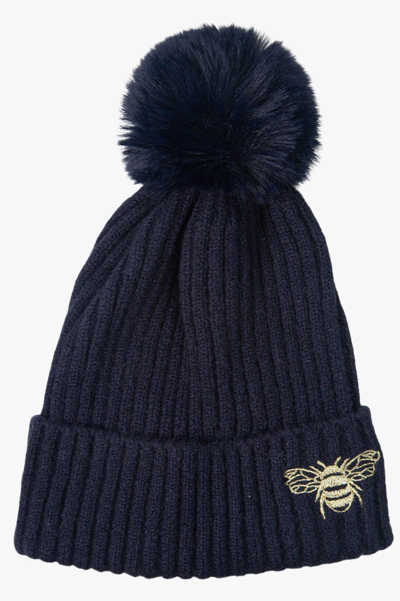 navy blue winter pom pom hat with an embroidered gold bee on the front