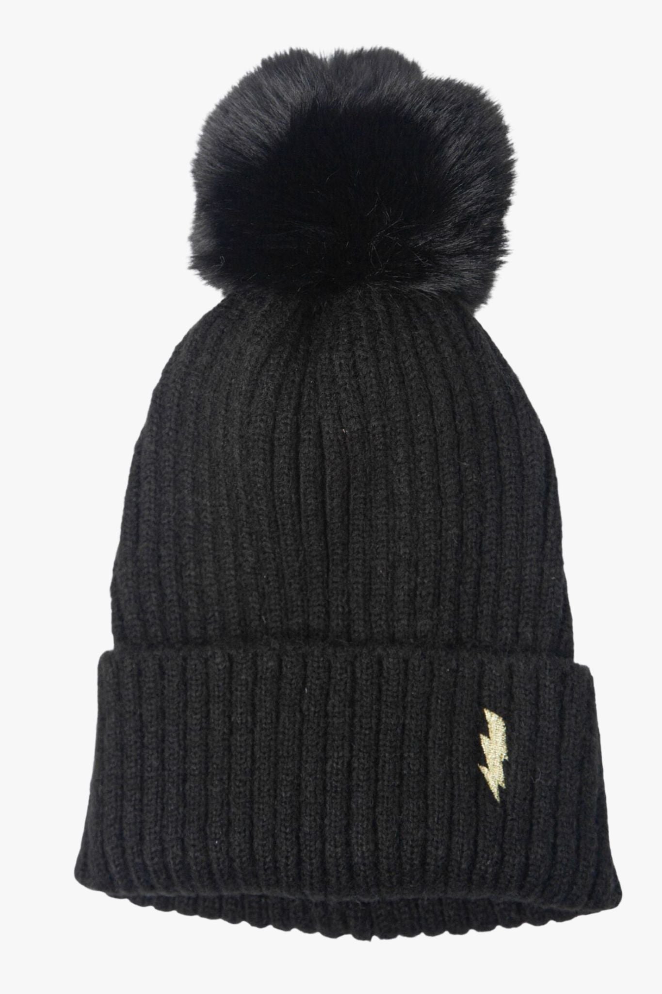 black knitted beanie hat with pom pom and a gold embroidered lighting bolt