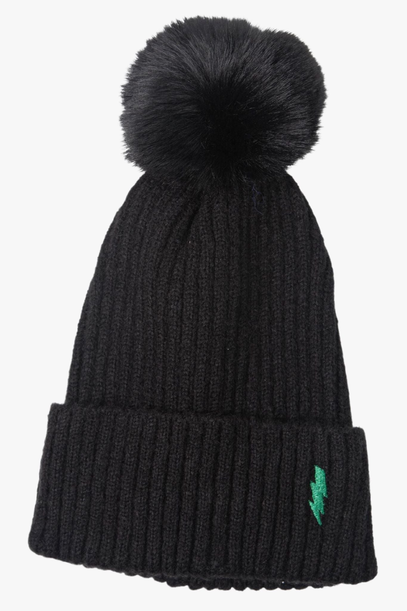 black knitted beanie hat with a pom pom and a green embroidered lightning bolt